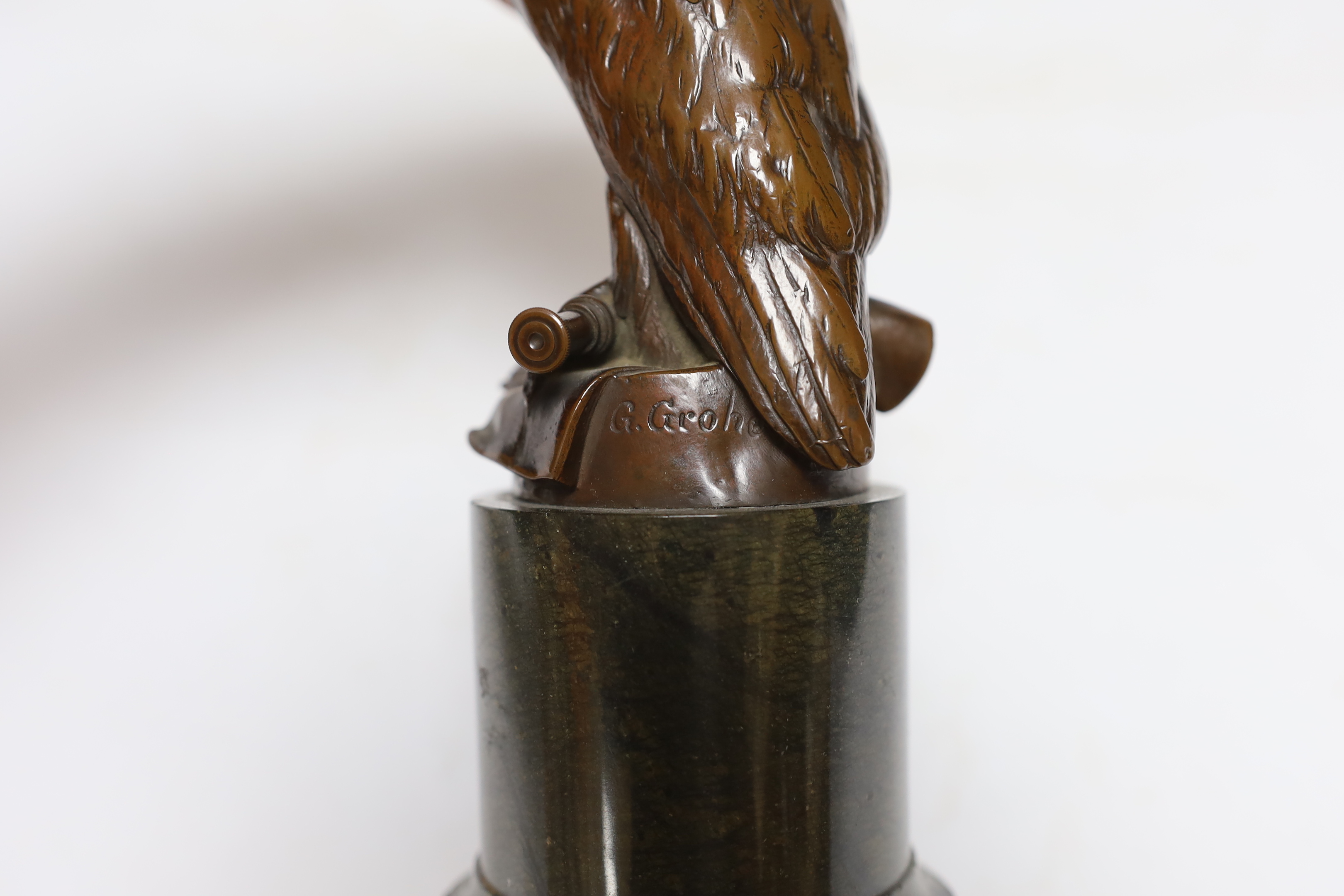 After Gustav Grohe (1829-1906), a bronzed spelter model of a ‘wise owl’, on marble plinth, 19cm